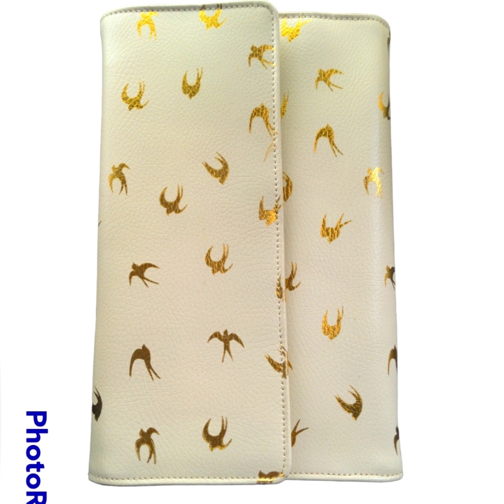 Red Envelope jewelry clutch, ivory with gold bird designs